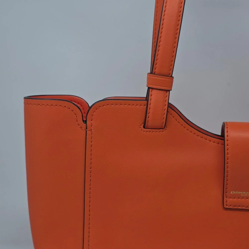 Donna Karan New York Orange Leather Tote Bag Gold Crescent Hardware Shoulder Bag